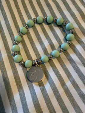 Rustic Cuff Mint and Silver Beaded Charm Bracelet “Ballerina”